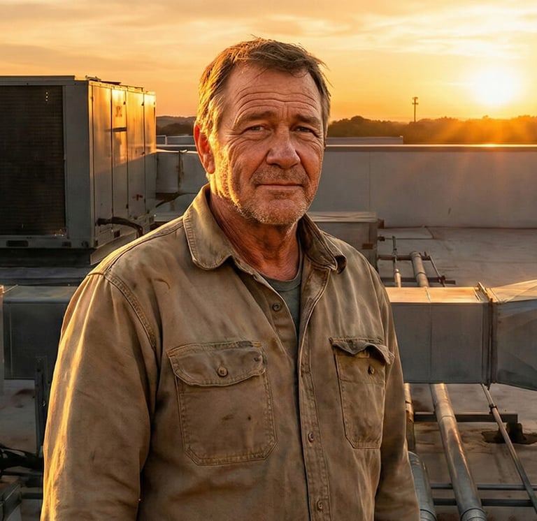 An HVAC business owner standing on a rooftop at sunset, symbolizing a successful business exit and retirement.