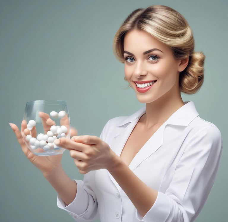 Une femme souriante vêtue d'un costume blanc tenant un verre transparent contenant des pilules.