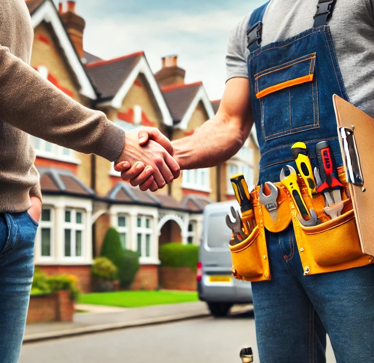 A handyman in London shaking hands with a satisfied customer in front of a well-maintained home, hol