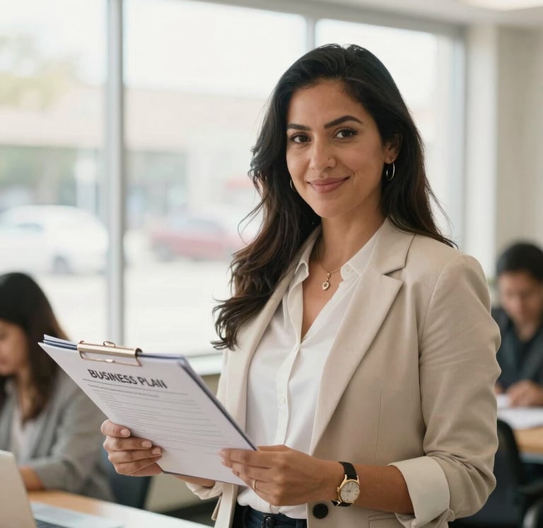 Warm daylight medium shot of a Latina business owner in Northampton standing inside her brightly lit local bakery, holding a physical business plan folder, smiling confidently, soft natural window light.