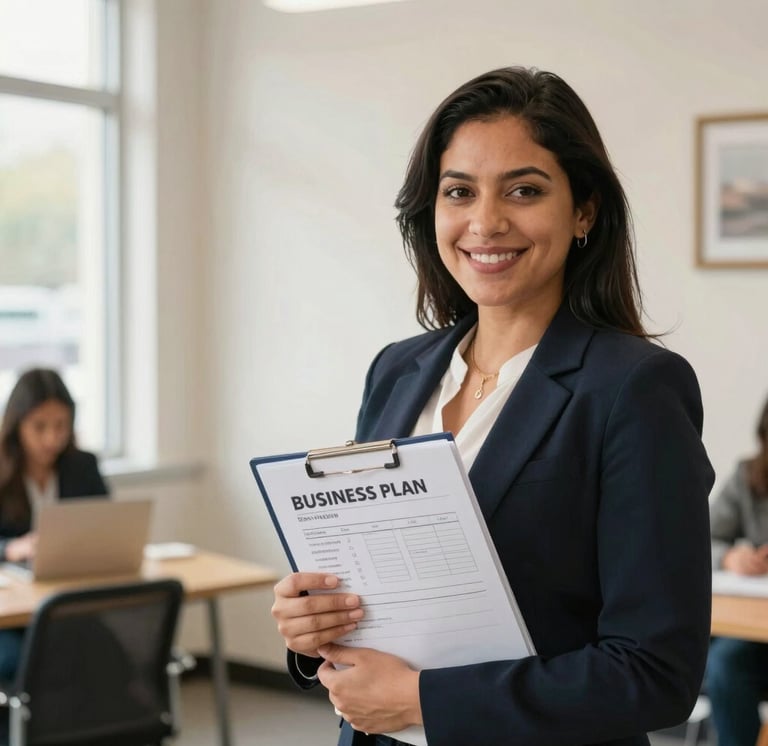 Warm daylight medium shot of a Latina business owner in Northampton standing inside her brightly lit local bakery, holding a physical business plan folder, smiling confidently, soft natural window light.