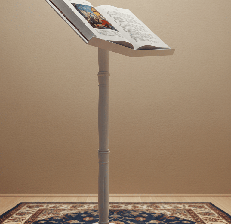 adjustable book stand holding an open book at a raised viewing angle