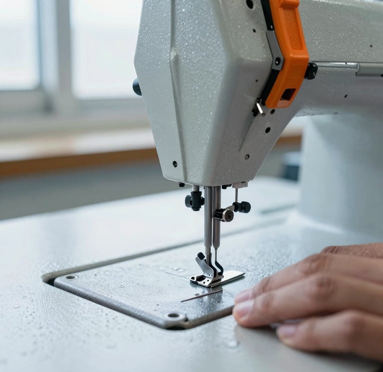 Macro detail shot of industrial sewing machine stitch guide being calibrated by a technical inspector, crisp factory window light, cool slate tones, safety orange accent on the machine frame, 50mm