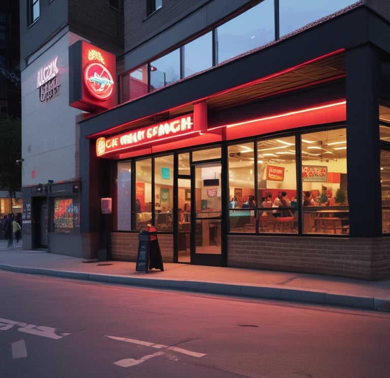 A vibrant red and white-themed contact counter at a Nashville hot chicken and smash burger restaurant.