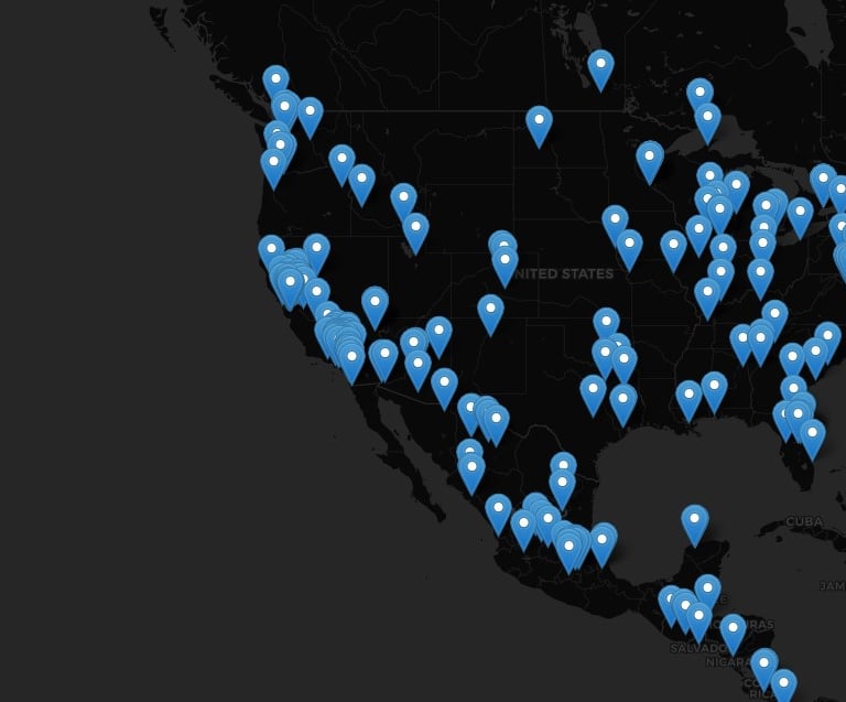 Interactive United States map showing listener locations across North America.