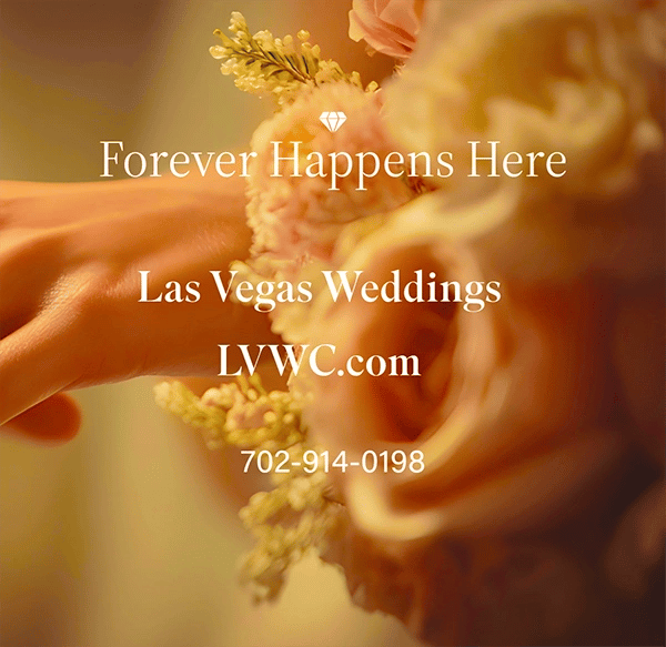 Las Vegas Weddings promotion featuring a soft focus bridal bouquet with peach roses.