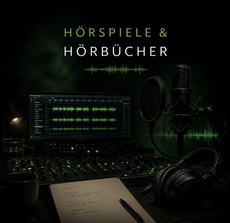 Professionelles Tonstudio-Setup für Hörspiele und Hörbücher mit hochwertigem Mikrofon