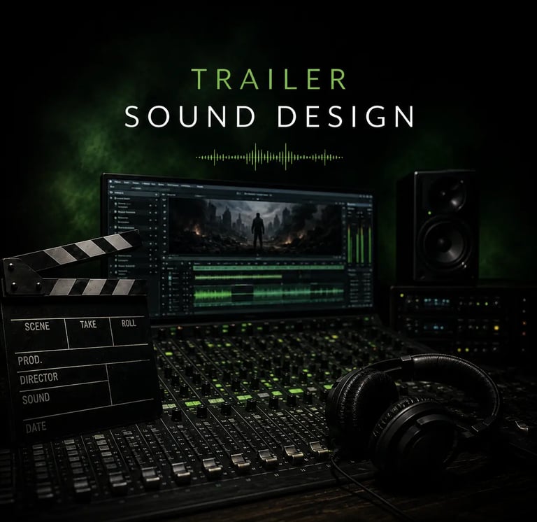 Professionelles Trailer-Sounddesign-Studio mit digitaler Audio-Workstation, Mischpult und Studio