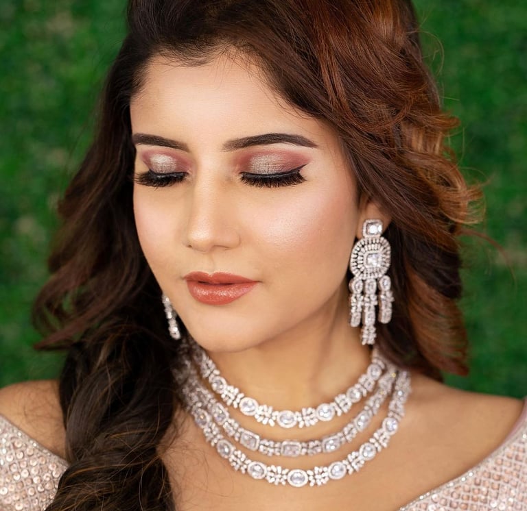 Soft glam party makeup with flawless skin and shimmer eyes
