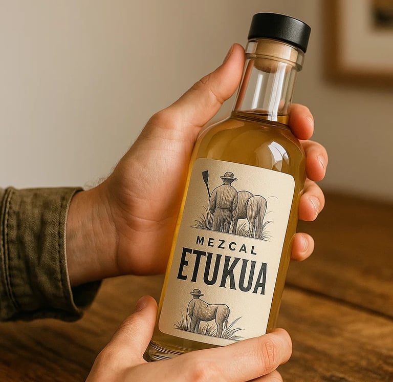 Botella de mezcal etukua sostenida por una mano 