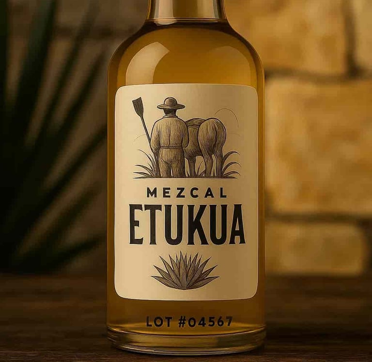 Detalle de número de lote grabado en base de botella de mezcal artesanal premium