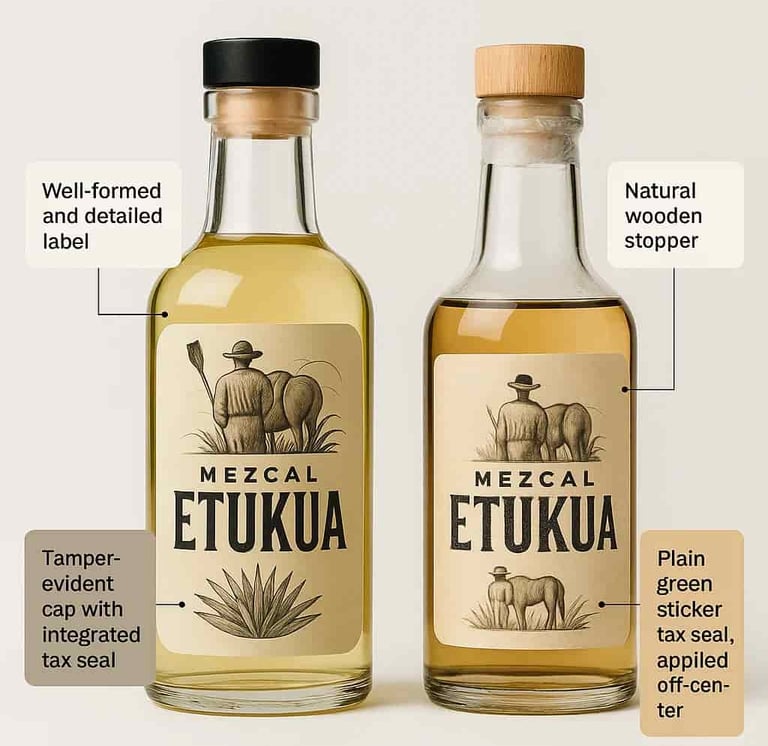 Close-up de sellos oficiales Denominación de Origen Mezcal y orgánico en botella de mezcal artesanal