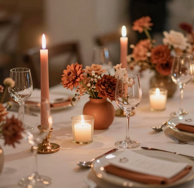 Elegant private dining table with candlelight, floral décor and restaurant-quality hospitality.