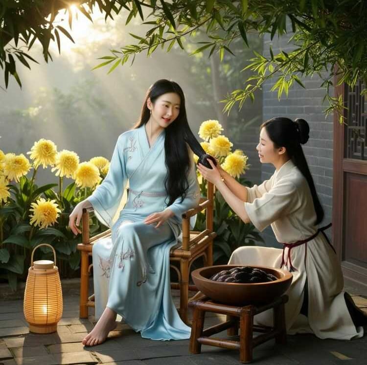 Cô gái gội đầu với nước bồ kết
