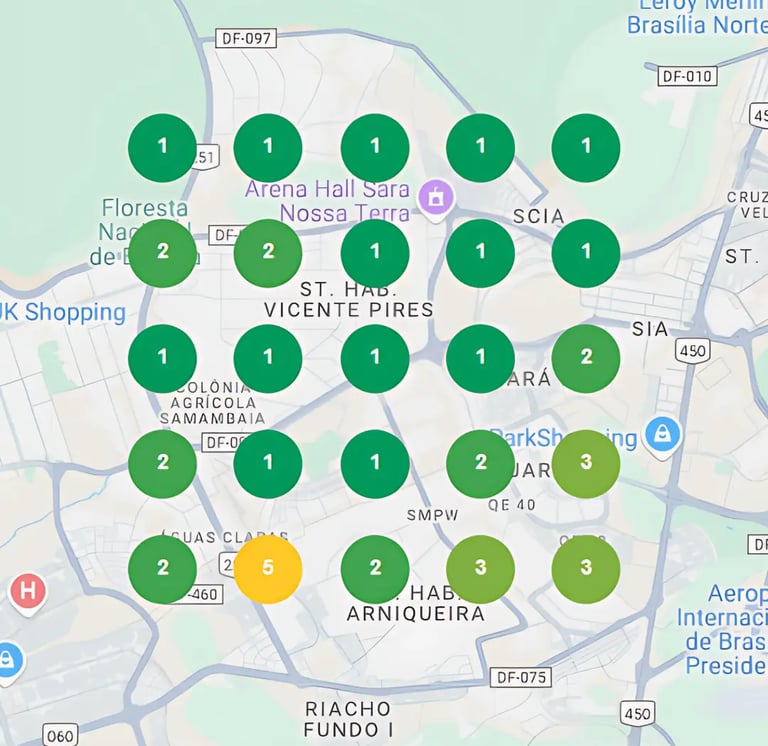 Mapa de calor do Google mostrando empresas posicionadas no topo pela Agência de Marketing Digital em Brasília.