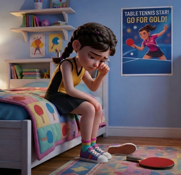 A sad girl crying on her bed in a room filled with table tennis trophies and sports posters.
