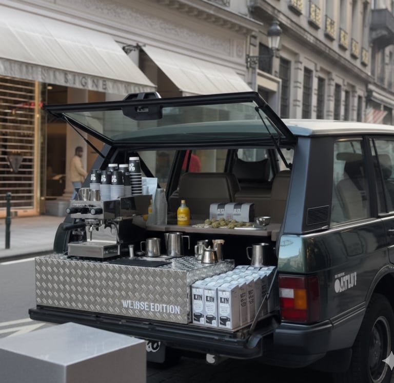 A mobile espresso bar coffee station built into the trunk of a vintage Range Rover on a city street.