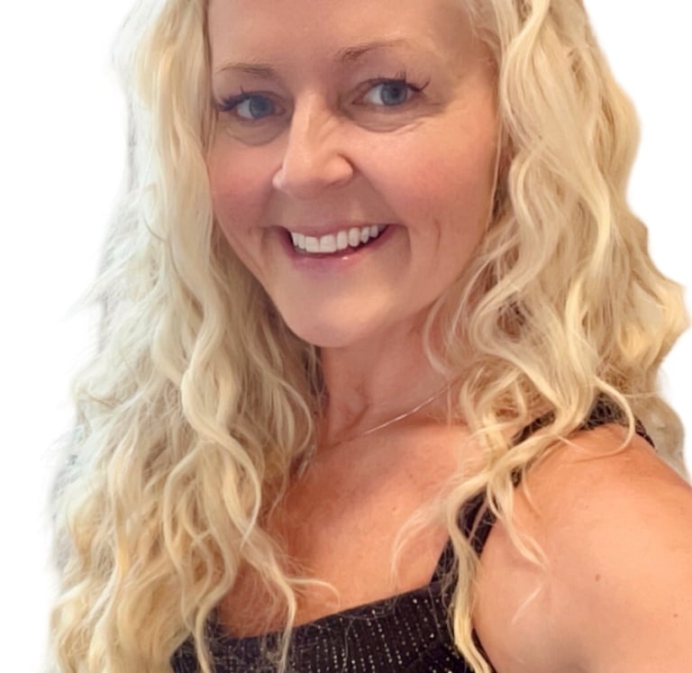 a woman with blonde hair and a black dress