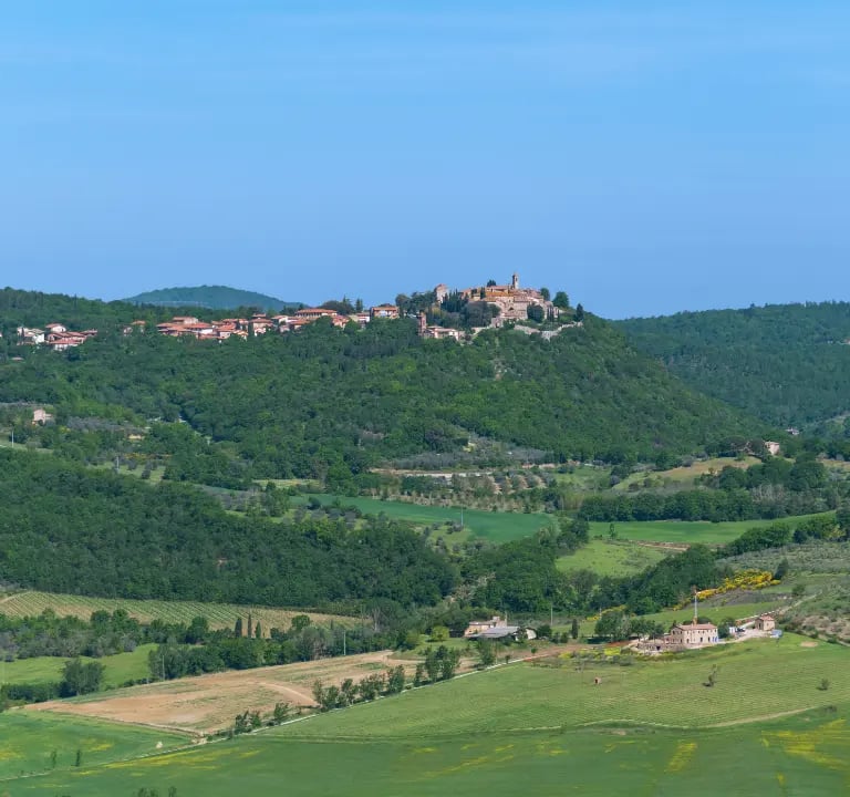 View of Montefollonico medieval village with Tuscan hills in the background