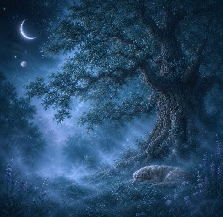 Oak Tree, new moon, venus, jupiter, and a dog sleeping