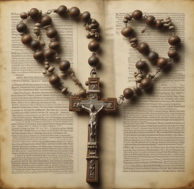 Close-up of traditional rosary beads on a wooden surface