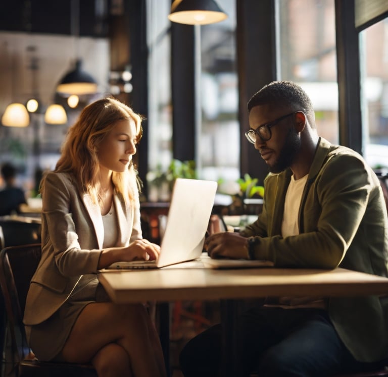A woman and a man sitting in a cafe with a laptop