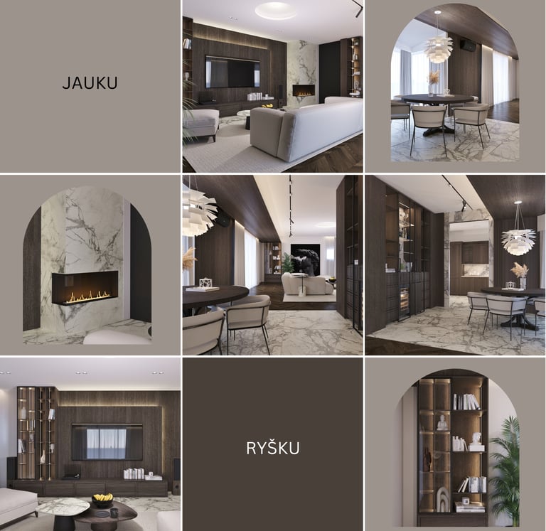 interjero dizaino techniniai brėžiniai – baldų išdėstymo sprendimai