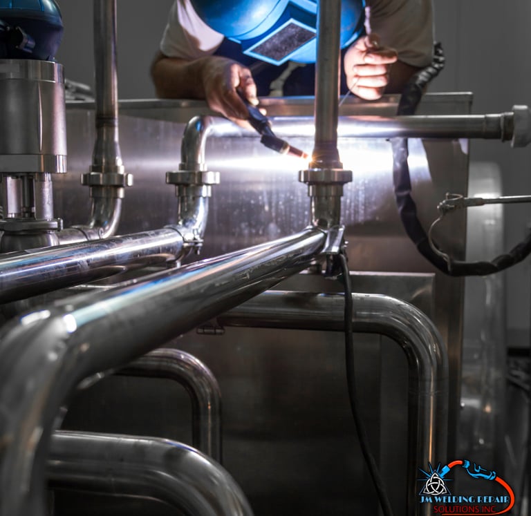 a man welding a stainless steel pipe in a factory