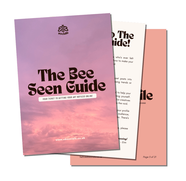 3 pages from 'the bee seen guide' - a free resource that shares 20 ways to optimise social media profiles and content