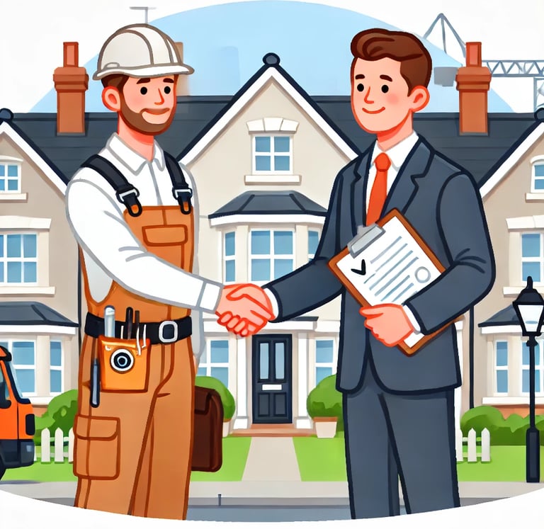 Property owner shaking hands with a maintenance contractor in London in front of a well-maintained r