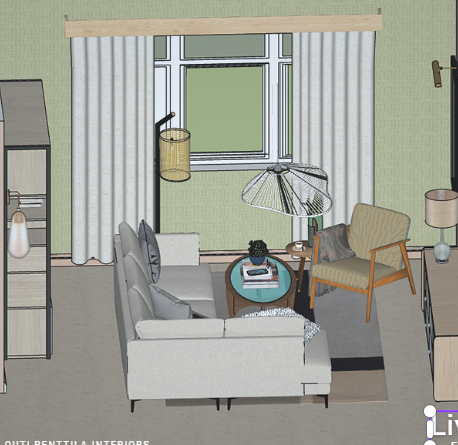 Modern 3D living room design with a grey sectional sofa, mid-century armchair, and stylish floor lamps.