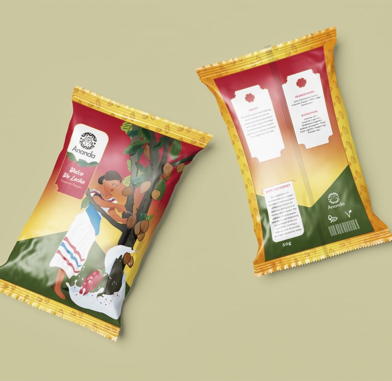 Front and back packaging design for Ananda Dulce de Leche cayenne pepper chocolate balls.