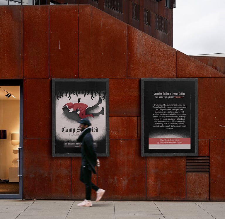 A person walking past theater posters for Camp Siegfried on a modern rust-colored building wall.