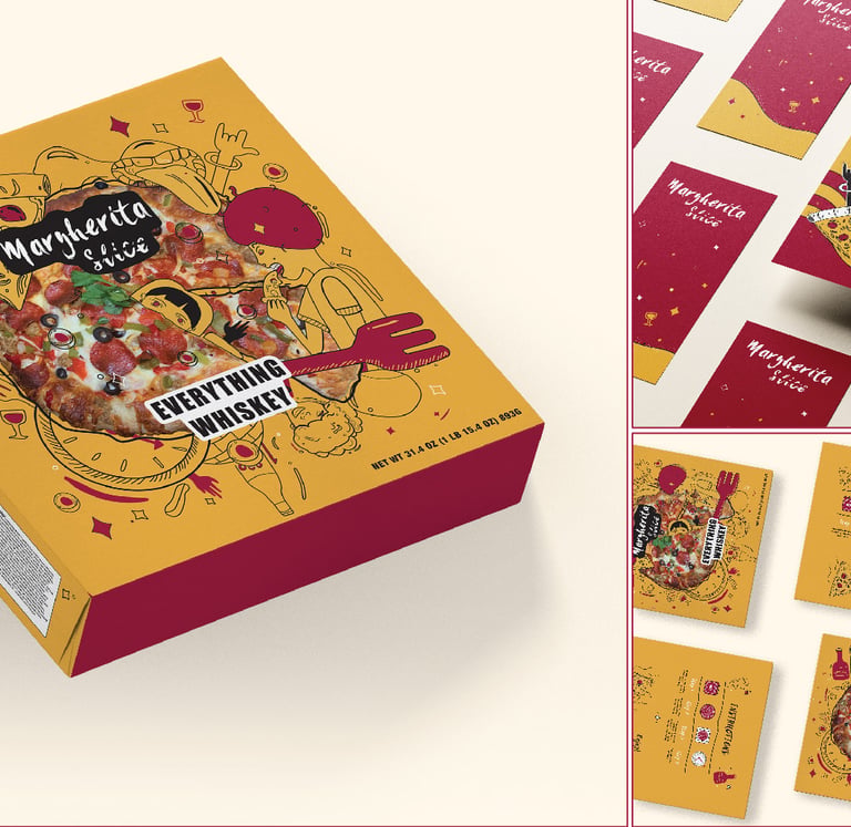 branded Margherita Slice pizza box and marketing materials featuring yellow and red graphic design.