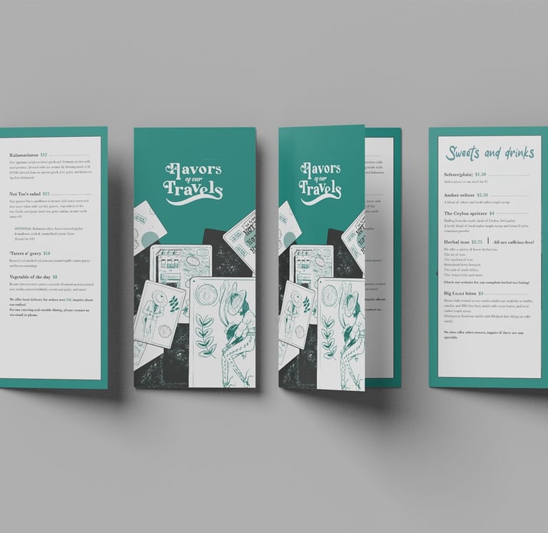 A professionally designed trifold restaurant menu layout titled Flavors of our Travels with teal accents and food