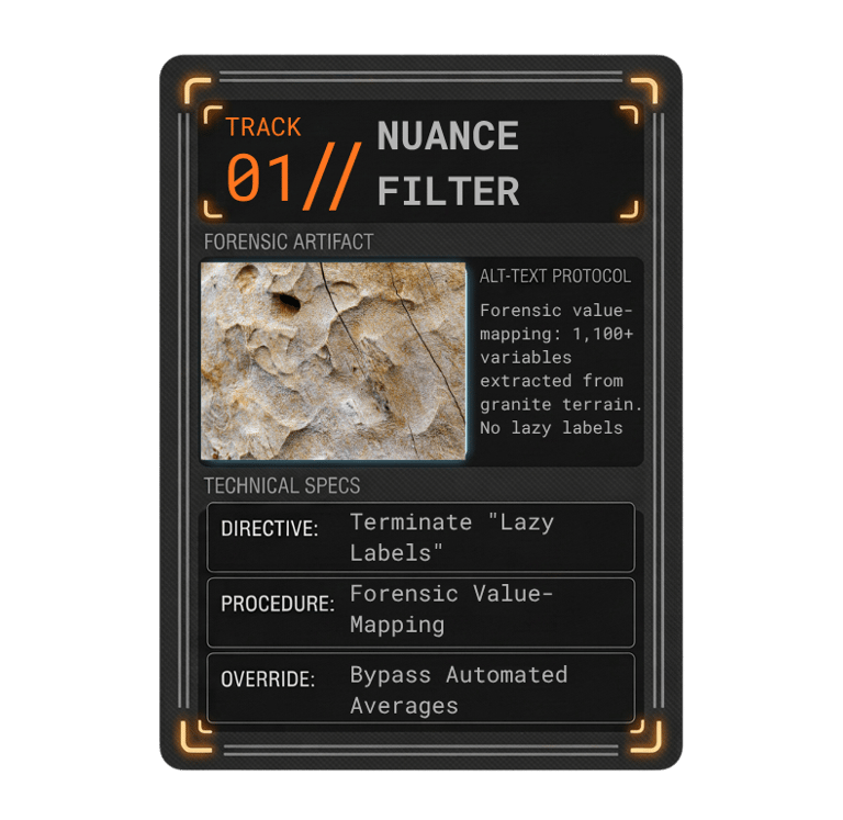 Forensic value-mapping: 1,100+ variables extracted from granite terrain. No lazy labels