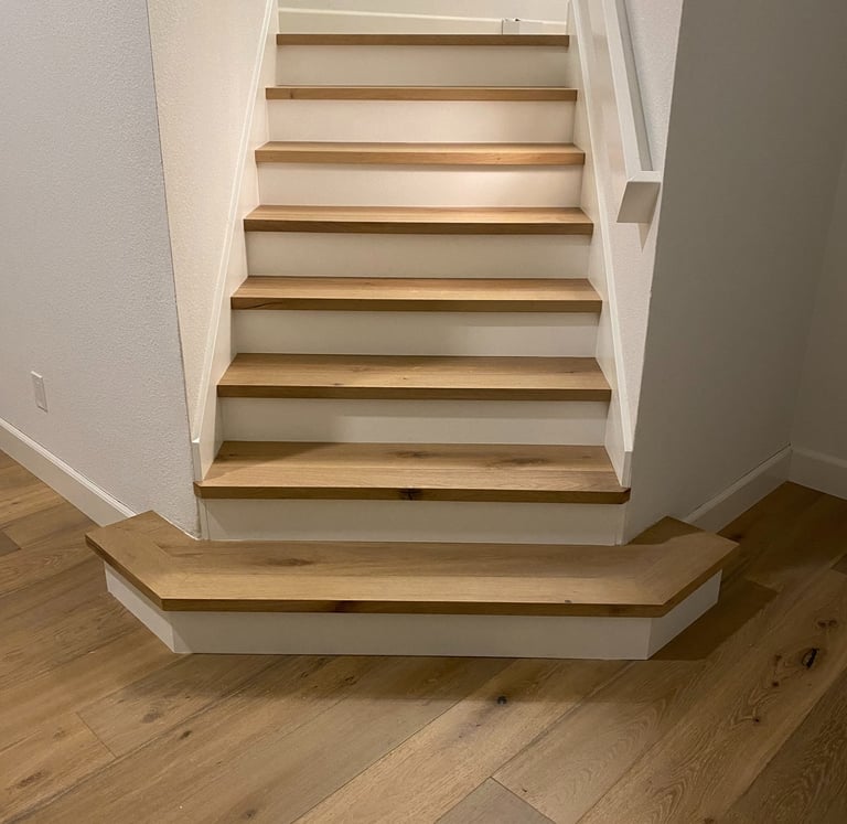 stair case renovation ,square stair nose with white stair risers.