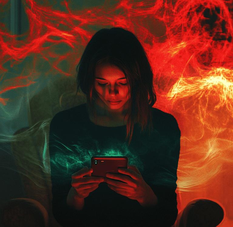 a woman sitting on a couch with a cell phone