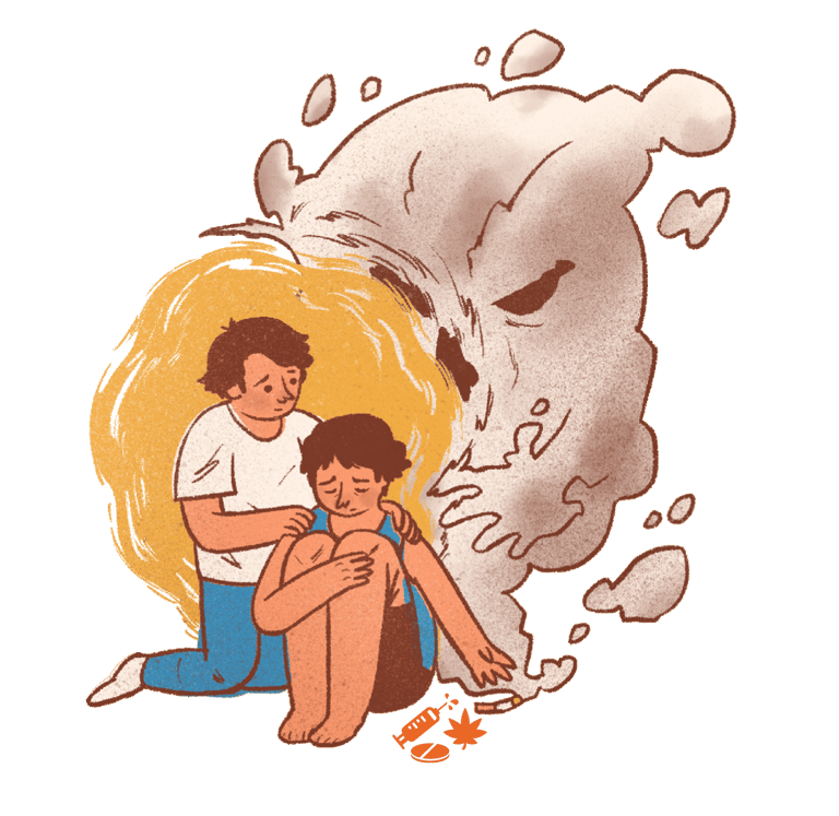 Homem apoiando uma mulher com vícios, com sombras ao fundo simbolizando influência negativa.