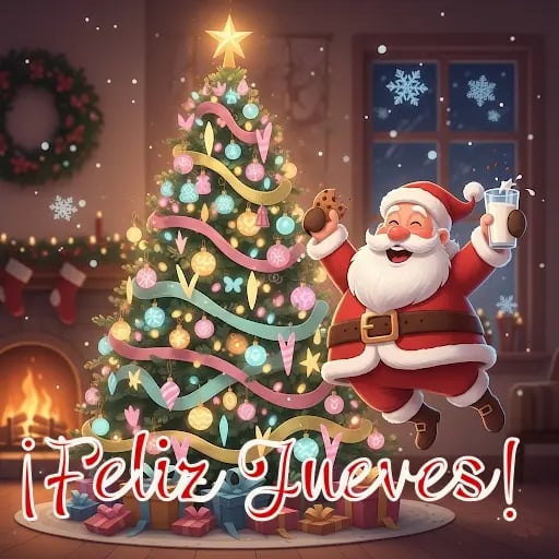 santa claus saltando de felicidad tomando leche y galletas deseando feliz jueves