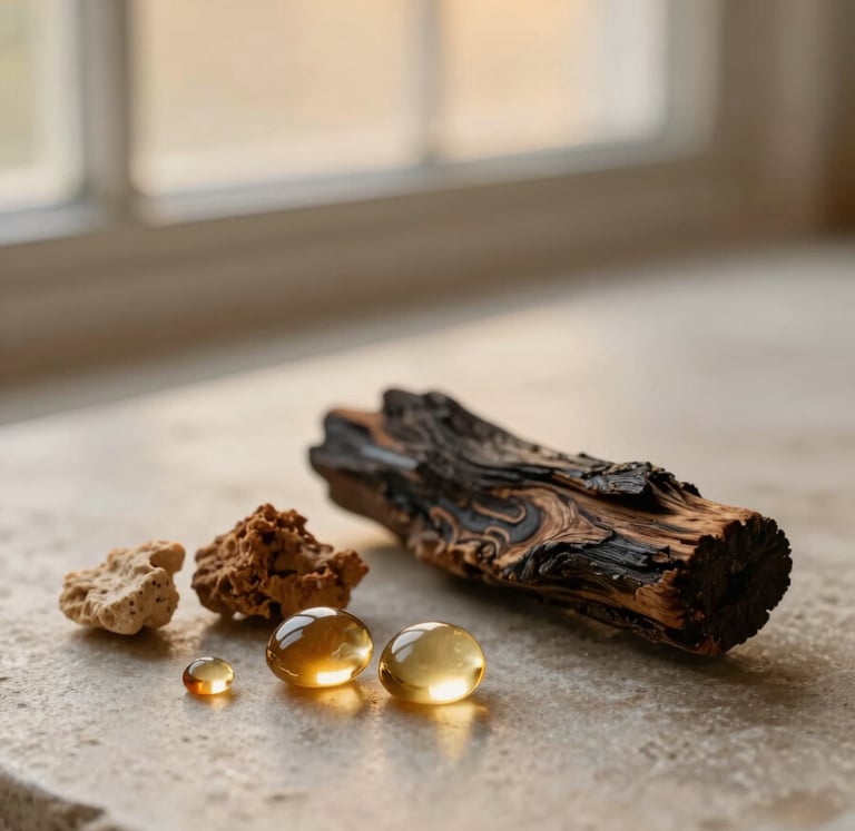 Raw frankincense tears and dark oud wood on a textured stone surface, soft golden-hour window light, shallow depth of field.