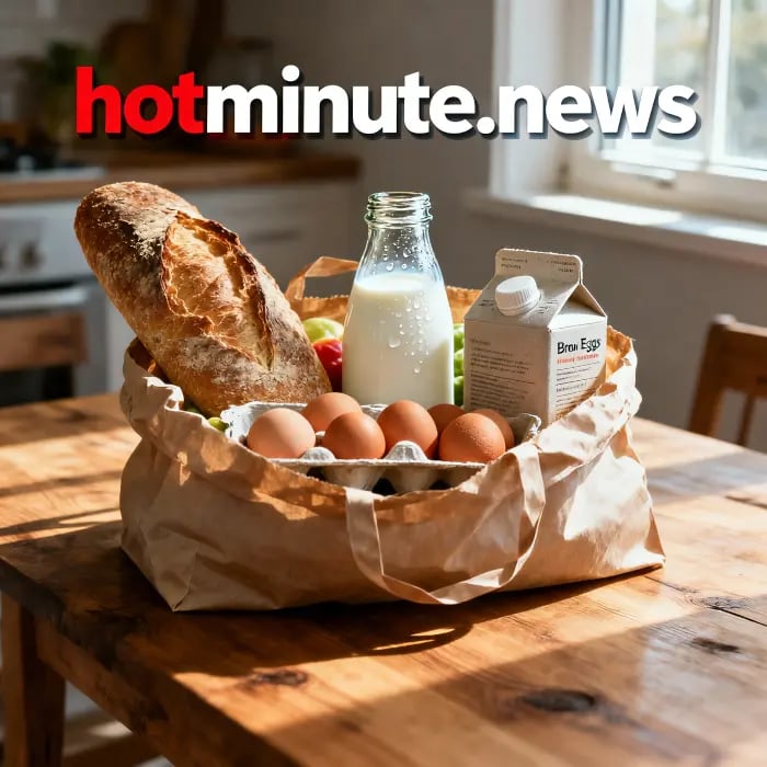 Carta Acquisti 2026: busta della spesa su tavolo in legno contenente pane, bottiglia di latte, uova 