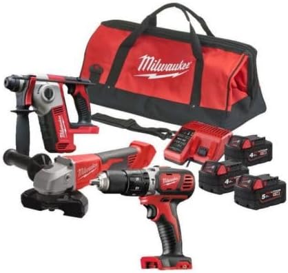 Milwaukee power tool combo kit including a drill, grinder, hammer drill, batteries, and red tool bag.