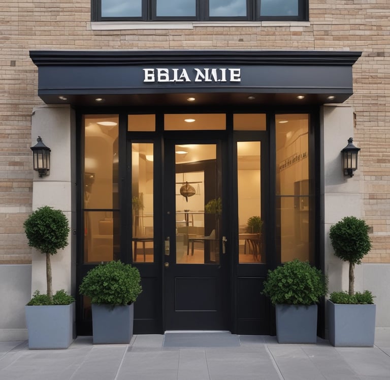 A stylish commercial entrance adorned with lush green planters