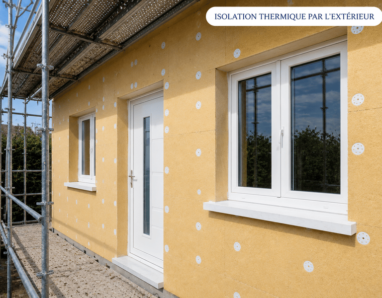 Isolation thermique extérieure avec fenêtres et porte PVC blanches