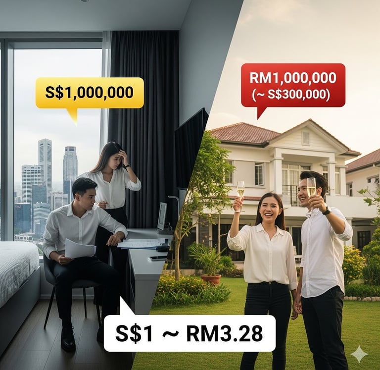 1 Singapore Dollar equals 3.28 Malaysian Ringgit, highlighting stronger buying power in Malaysia