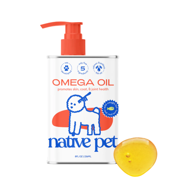 Native Pet Omega Oil bottle with pump for dog skin and coat health.