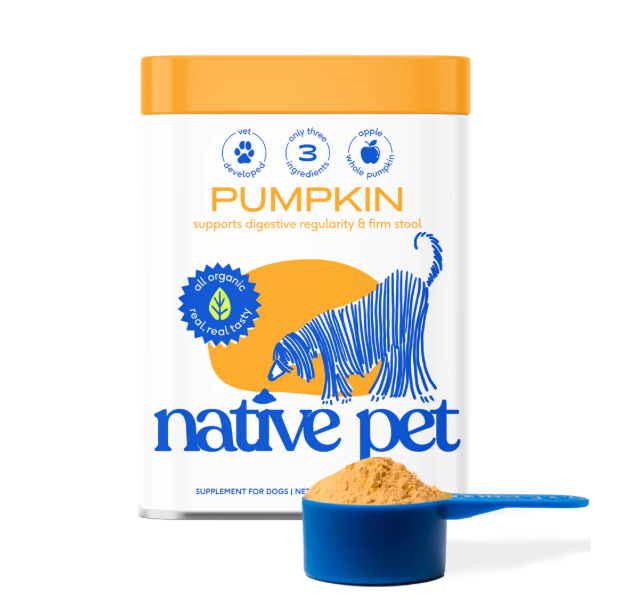 Native Pet Organic Pumpkin Powder tin, shelf-stable digestive support for dogs