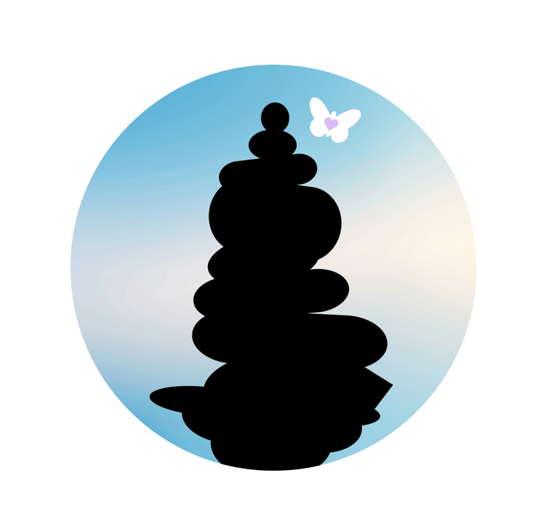 MAPCA logo icon of cairn, blue sky, white butterfly with a lavender heart