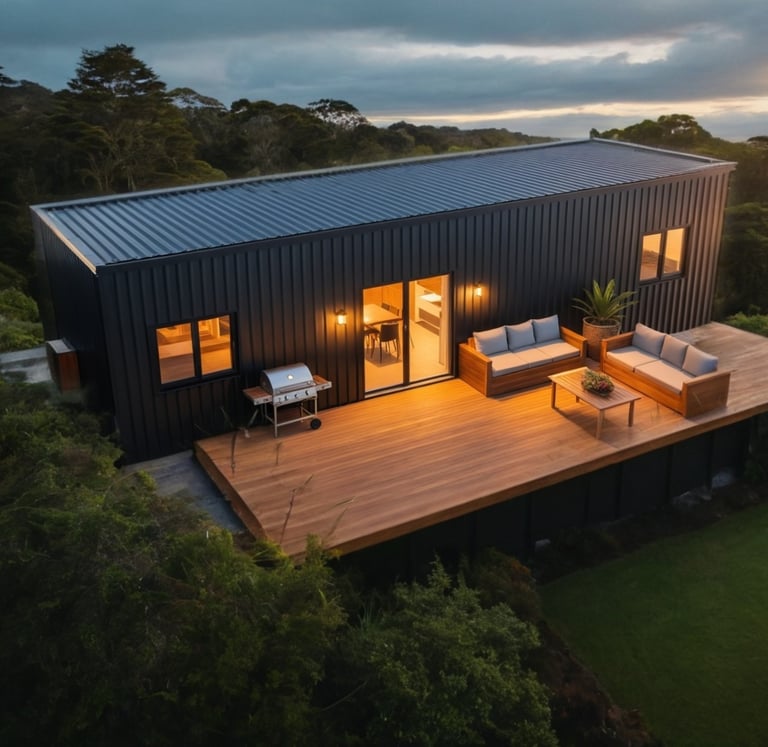 Exterior image of tiny home at dusk